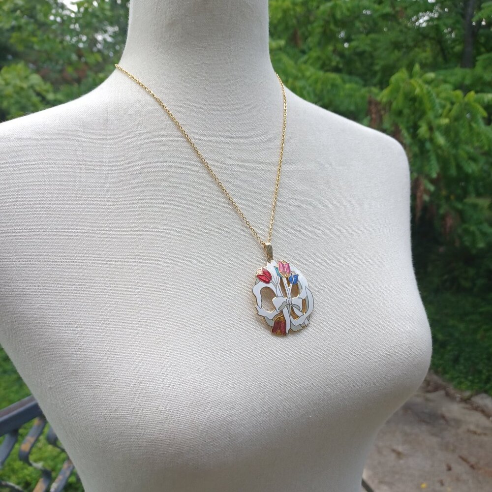 Vintage 80s Cloisonne Enameled Pendant Necklace - Picture 3 of 4